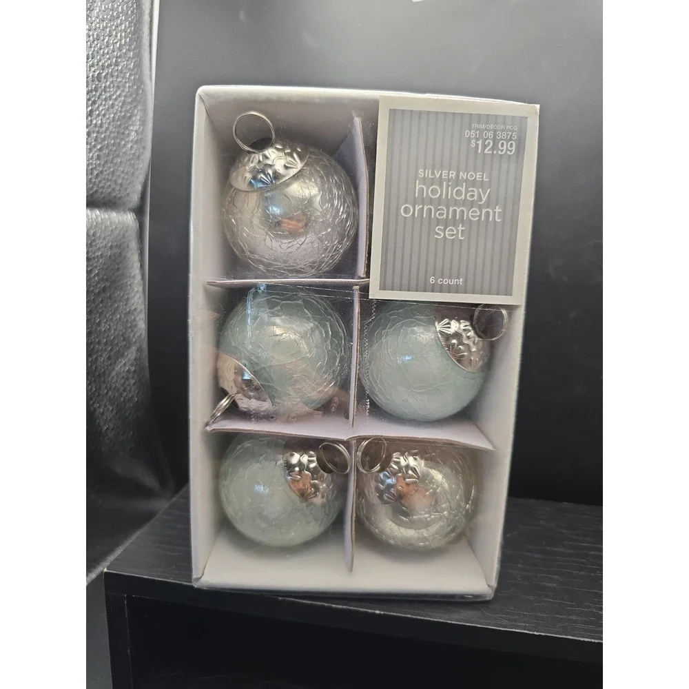 2008 Target Silver Noel Holiday Ornament Set Crackle Glass